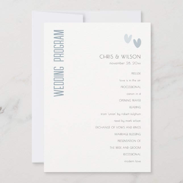 Minimal  Pastel Dusky Blue Hearts Wedding Program Invitation (Front)