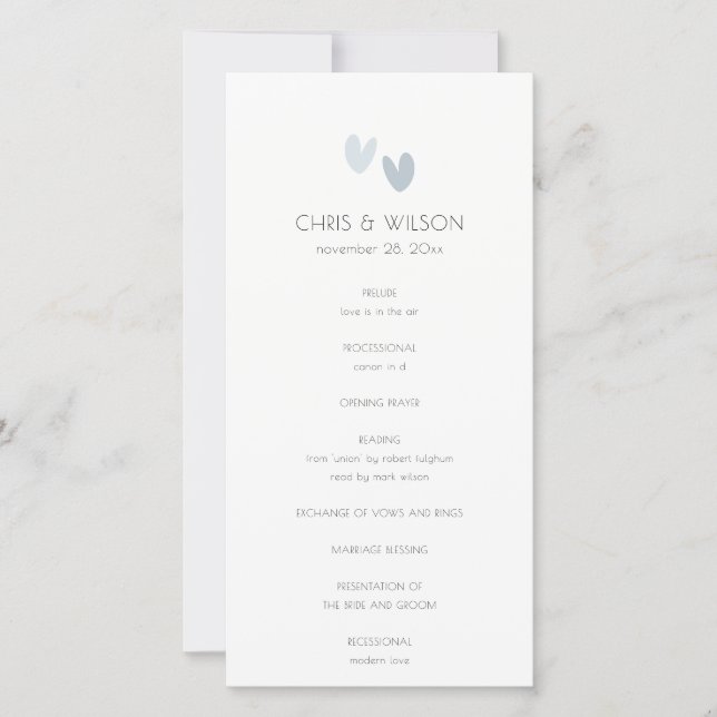 Minimal  Pastel Dusky Blue Hearts Wedding Program Thank You Card (Front)
