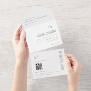 Minimal Pastel Dusky Blue Hearts Wedding QR Code All In One Invitation