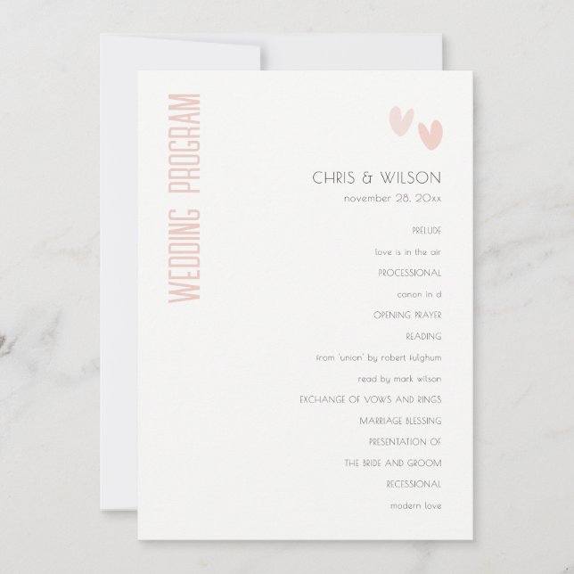 Minimal  Pastel Dusky Pink Hearts Wedding Program Invitation (Front)