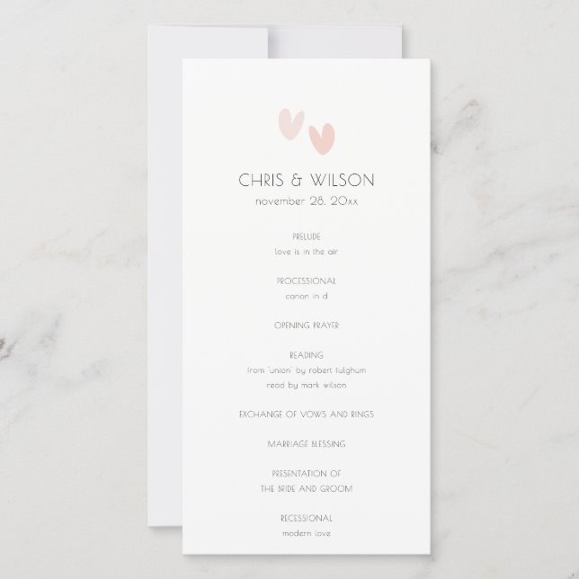 Minimal  Pastel Dusky Pink Hearts Wedding Program Thank You Card (Front)