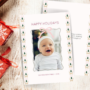 Minimal Pastel Pink Bow Photo Flat Holiday Card