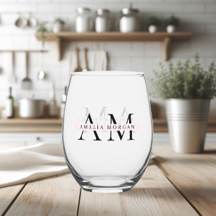 Minimal Pastel Pink Initial & Personalised  Stemless Wine Glass