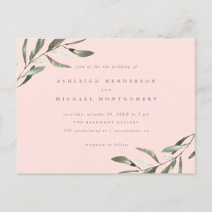 Minimal Pastel Pink & Sage Green Branches Wedding Invitation Postcard