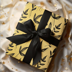 Minimal Pattern Leaf Black & Gold Wrapping Paper