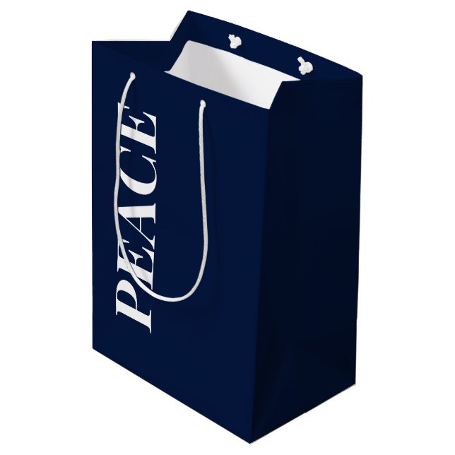 Minimal PEACE | Navy Blue Holiday Medium Gift Bag (Back Angled)