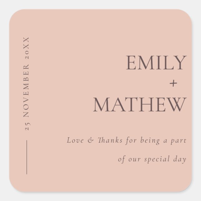 MINIMAL PEACH ORANGE RUST TYPOGRAPHY WEDDING SQUARE STICKER (Front)