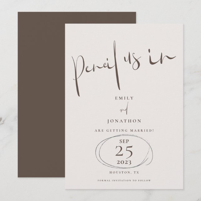 Minimal Pencil Us In Informal Script Cream Brown Save The Date (Front/Back)
