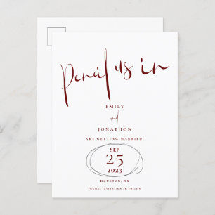 Minimal Pencil Us In Script Burgundy Save The Date Announcement Postcard