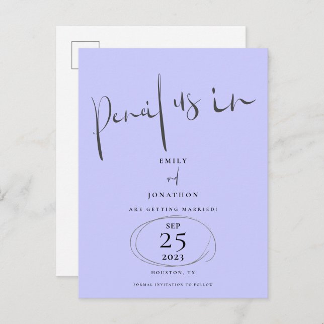 Minimal Pencil Us In Script Lavender Save The Date Announcement Postcard (Front/Back)