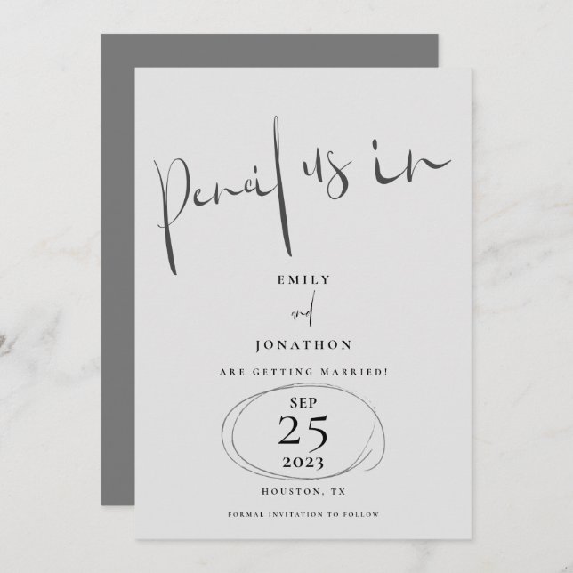 Minimal Pencil Us In Stylish Script Grey Save The Date (Front/Back)