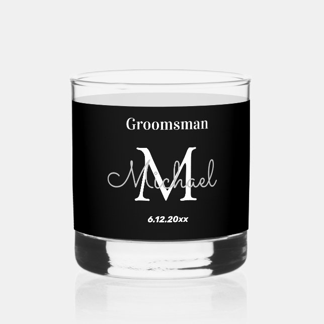 minimal personalised groomsmen black white   whiskey glass (Front)