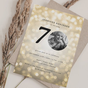 Minimal Photo 70th Birthday Party Gold Bokeh Invitation