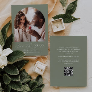 Minimal Photo Arch Script QR Code Sage Green Save The Date