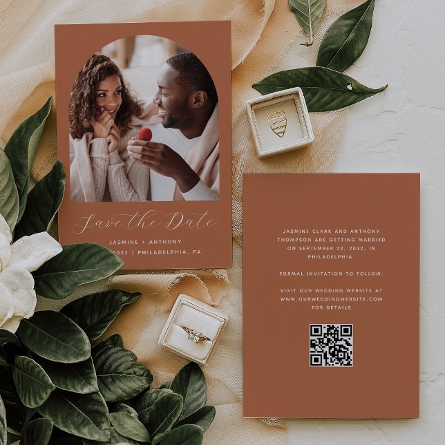 Minimal Photo Arch Script QR Code Terracotta Save The Date (Creator Uploaded)