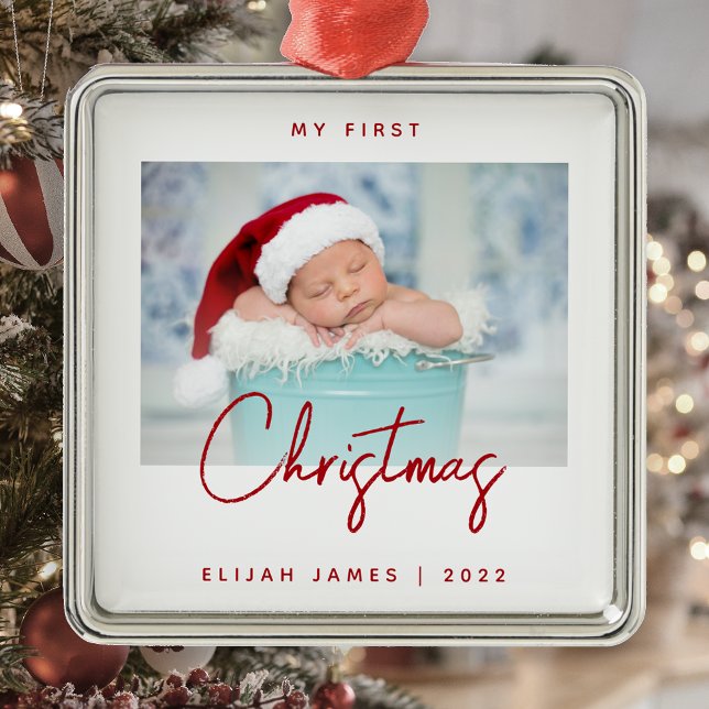 Minimal Photo Baby's First Christmas Red Script Metal Tree Decoration (Creator Uploaded)
