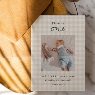 Minimal Photo Beige Gingham 1st Birthday Invite