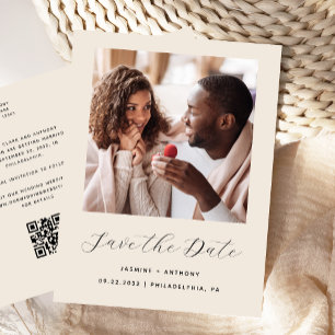 Minimal Photo Beige QR Code Save the Date Announcement Postcard