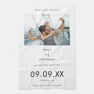 Minimal Photo Black Typography White Save The Date Tea Towel