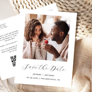 Minimal Photo Black White QR Code Save the Date Announcement Postcard