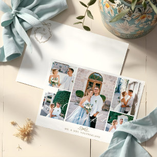 Minimal Photo Collage Script Wedding Bow Monogram Thank You Card