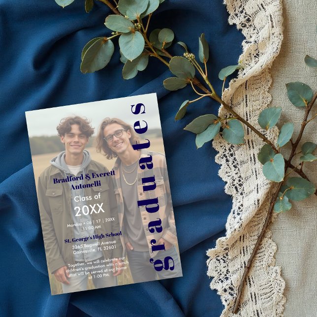 Minimal Photo Editorial Style Double Graduation Invitation (Minimal Editorial Style Double Graduation Photo Invitation Design. )