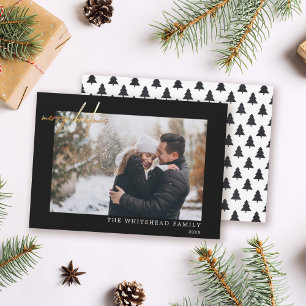 Minimal Photo Gold Merry Christmas Black Holiday Card