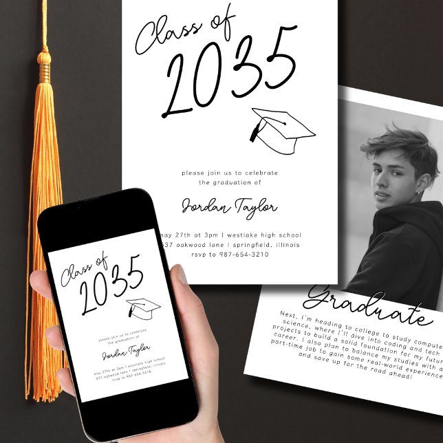 Minimal Photo Graduation Hat Black and White Invitation (Creator Uploaded)