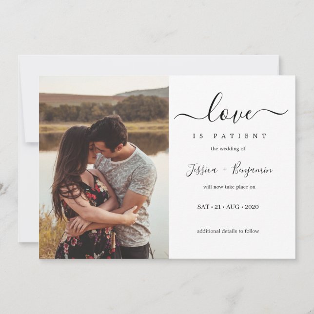 Minimal Photo Love Is Patient Wedding Postponement Invitation (Front)