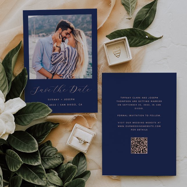 Minimal Photo Navy Blue Blush Script QR Code Save The Date (Creator Uploaded)