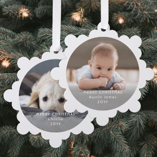 Minimal Photo Overlay White Text Merry Christmas Tree Decoration Card