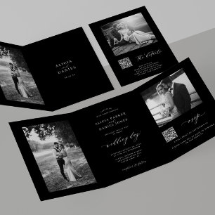 Minimal photo QR code RSVP details black wedding Tri-Fold Invitation