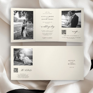 Minimal photo QR code RSVP details ivory wedding Tri-Fold Invitation
