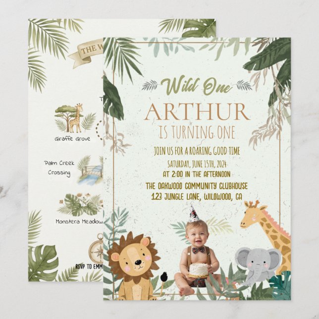 Minimal Photo Safari Wild One 1st Birthday Invitation (Front/Back)