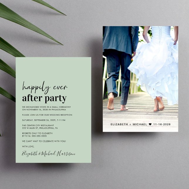 Minimal Photo Sage Wedding Reception Invitation (An chic Happily Ever After Party invitation for your wedding celebration)