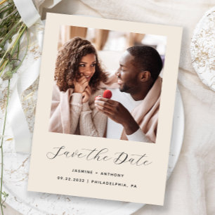 Minimal Photo Script Beige Save the Date Announcement Postcard