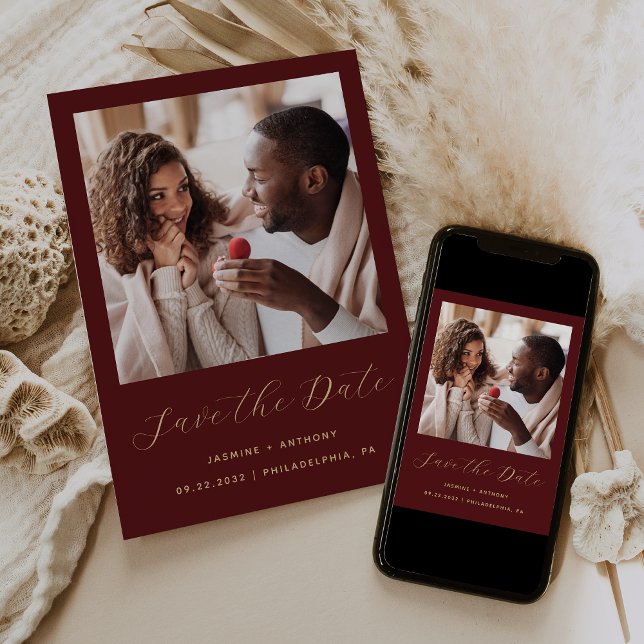 Minimal Photo Script Burgundy Gold Save The Date (Creator Uploaded)