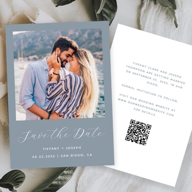 Minimal Photo Script Dusty Blue QR Code Save The Date (Creator Uploaded)