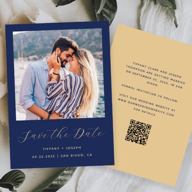 Minimal Photo Script Navy Blue Gold QR Code Save The Date (Creator Uploaded)