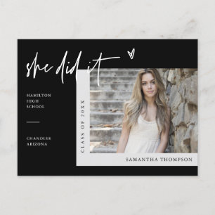 Minimal Photo She Did It Graduation Announcement P Postcard