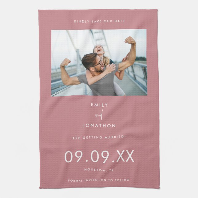 Minimal Photo Text Dusty Pink Save The Date Tea Towel (Vertical)