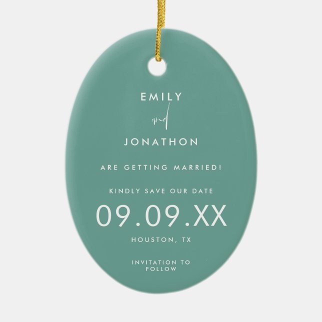 Minimal Photo Text Teal Save The Date Ceramic Tree Decoration (Front)