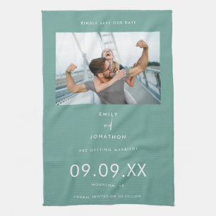 Minimal Photo Text Teal Save The Date Tea Towel