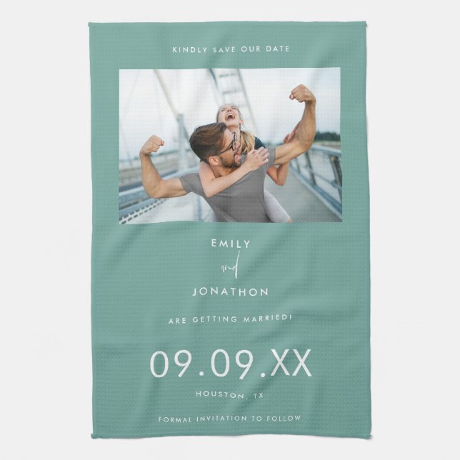 Minimal Photo Text Teal Save The Date Tea Towel (Vertical)