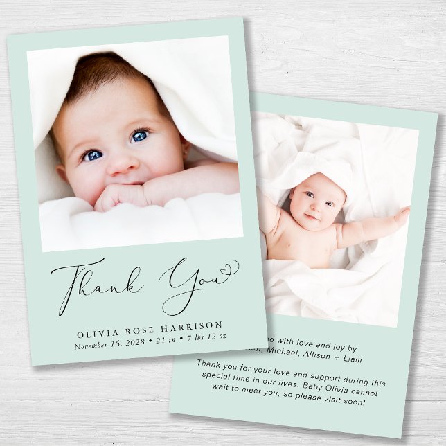 Minimal Photo Thank You Mint Birth Announcement (A beautiful and unique way to thank family and friends and introduce them to your precious baby)