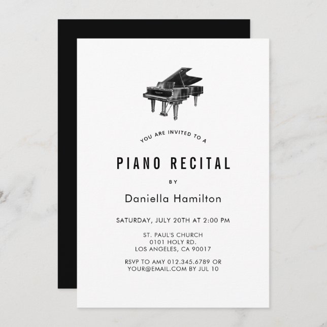 Minimal Piano White Recital Invitation (Front/Back)