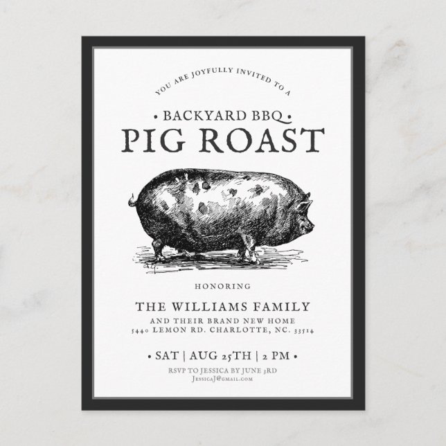 Minimal Pig Roast BBQ Party Custom Invitation Postcard (Front)