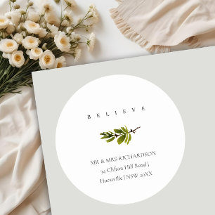 Minimal Pine Branch Christmas Address Believe Classic Round Sticker