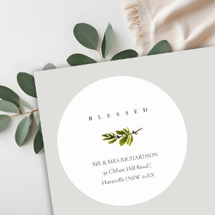 Minimal Pine Branch Christmas Address Blessed Classic Round Sticker