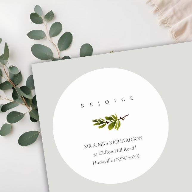 Minimal Pine Branch Christmas Address Rejoice Classic Round Sticker (Creator Uploaded)